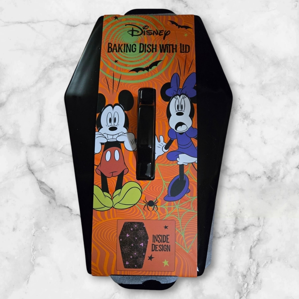 Disney Coffin Shaped Baking Dish w/lid, Mickey Mouse, Cobwebs  and Spiders